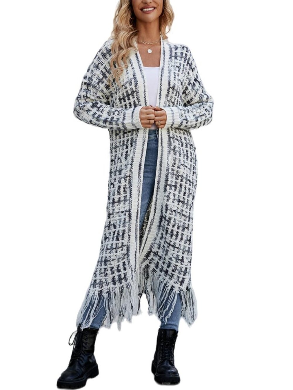 Womens Boho Cardigan Sweater Open Front Fringed Tassels Aztec Maxi Cardigan - Picture 6 of 8
